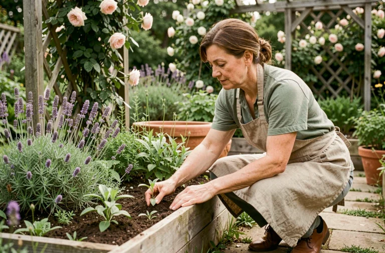 Femme jardinant dans un potager surélevé entouré de lavande et d'herbes aromatiques dans un jardin verdoyant