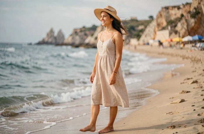 Femme en robe de lin profitant des plages d'Almada au bord de l'océan Atlantique au Portugal