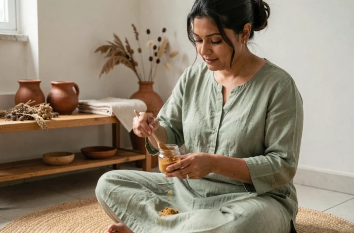 Femme préparant une dose de poudre d'haritaki dans un espace bien-être naturel à domicile
