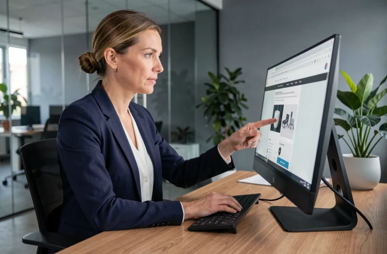 Femme professionnelle analysant la conception d'un site web professionnel sur un écran d'ordinateur dans un bureau moderne