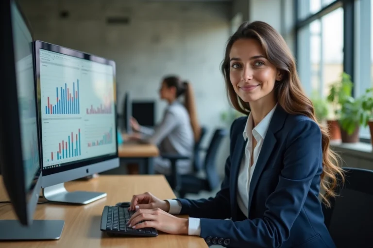 Femme professionnelle analysant des tableaux de bord numériques pour optimiser une activité en ligne dans un bureau moderne