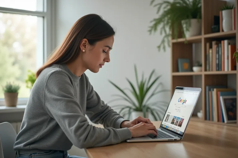 Jeune femme consultant les tendances de recherche Google sur un ordinateur portable dans un bureau moderne