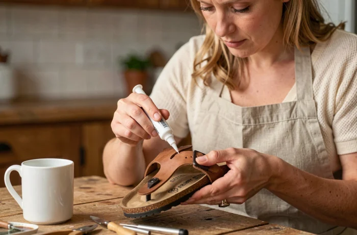 Femme réparant une bride cassée de sandale Birkenstock avec de la colle en atelier maison