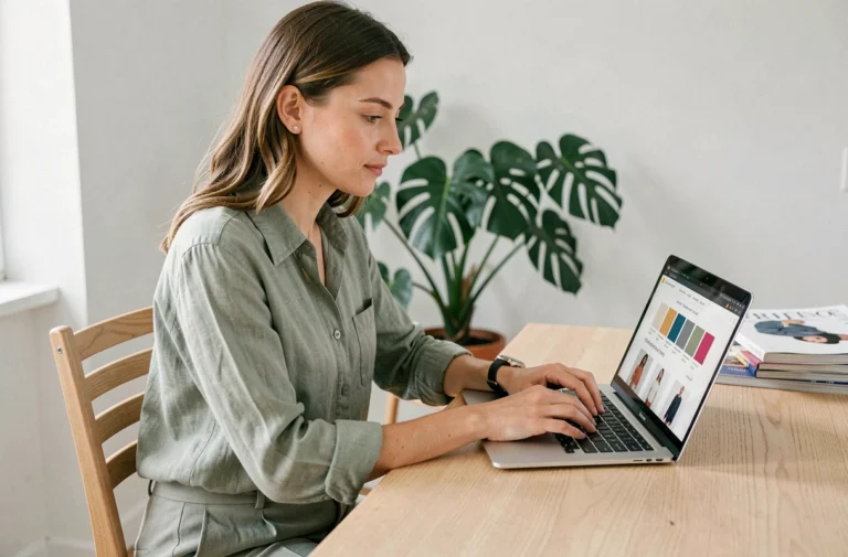 Femme élégante en blouse en lin vert sauge qui fait du shopping de mode en ligne sur son ordinateur portable dans un bureau minimaliste scandinave