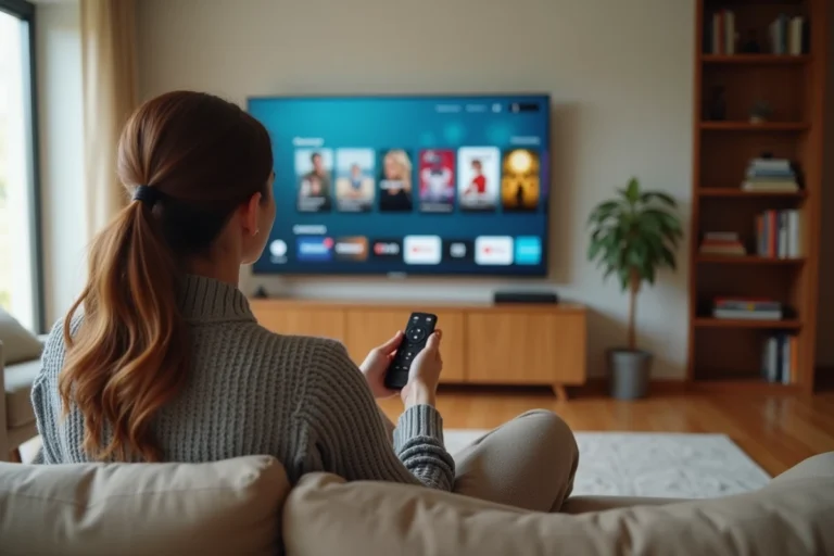 Femme regardant un film en streaming sur une TV Samsung depuis son canapé avec une télécommande à la main