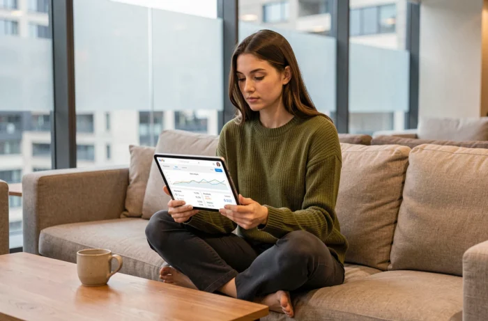 Jeune femme consultant un tableau de bord de performance SEO sur une tablette dans un espace de coworking