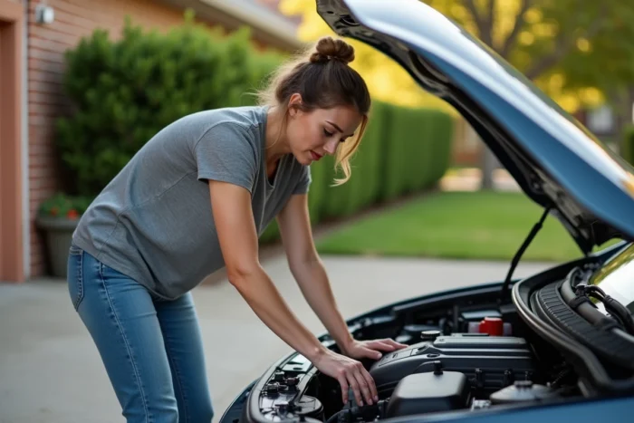Femme vérifiant le niveau d'huile moteur 5W-50 avec une jauge sur une voiture garée dans une allée résidentielle