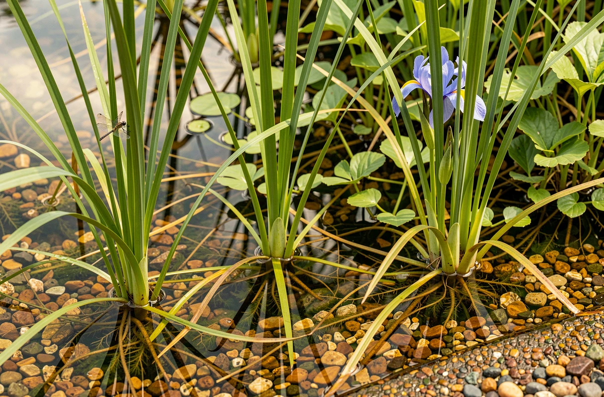 Zone de filtration naturelle d'une piscine écologique avec plantes aquatiques, graviers et eau cristalline