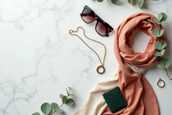Flat lay d'accessoires de mode du quotidien sur marbre blanc : foulard en soie, lunettes écaille, collier or, portefeuille en cuir vert et bague argent