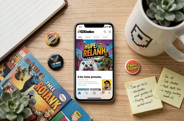 Flat-lay temático geek con un smartphone mostrando el regreso de 123Geekos rodeado de objetos de cultura geek sobre un escritorio de madera