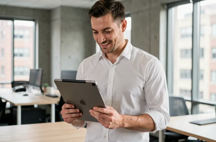 Homme tenant un iPad reçu dans le cadre d'une formation CPF dans un espace de coworking
