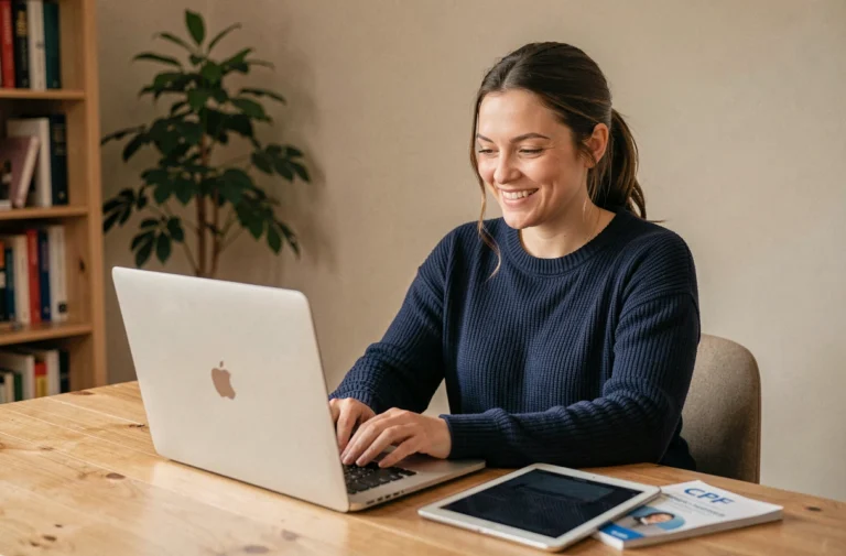 Femme en train de suivre une formation CPF sur MacBook dans un bureau à domicile moderne