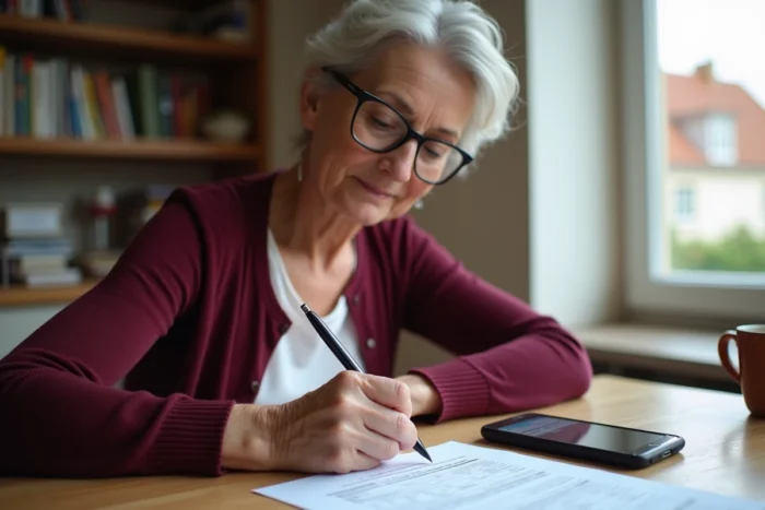 Femme remplissant un formulaire de mutuelle à domicile avec coordonnées Pacifica Blois