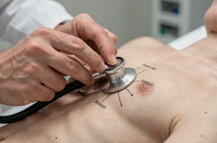 Gros plan sur le positionnement d'un stéthoscope sur les foyers cardiaques d'auscultation