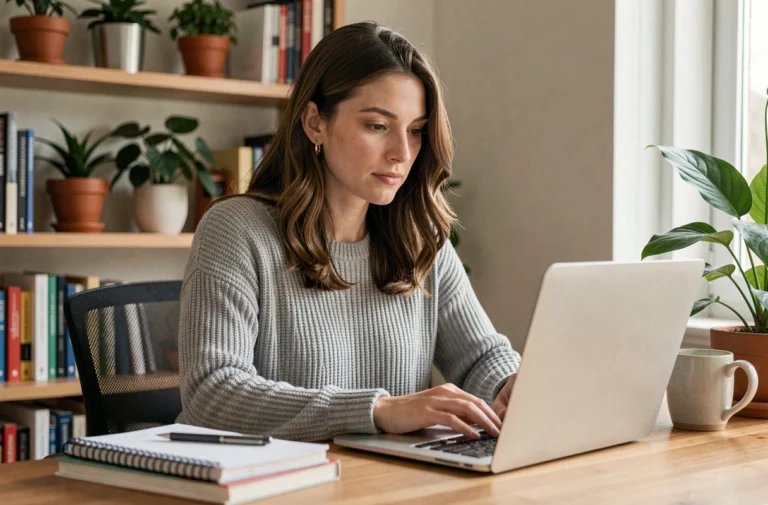Freelance femme travaillant sur son ordinateur portable dans un bureau à domicile pour trouver des missions sur des plateformes comme Affumt.fr