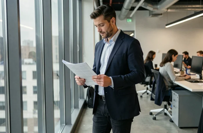 Freelance man die documenten analyseert in een moderne coworkingruimte, ter illustratie van het zoeken naar professionele opdrachten online