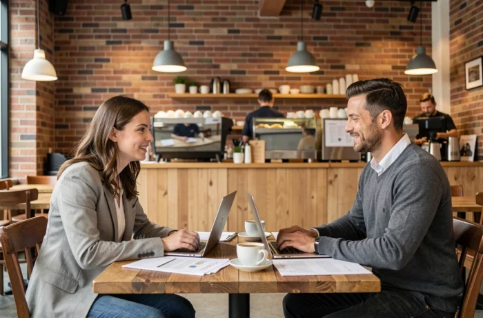 Twee freelancers die samenwerken in een café rond hun laptops, symboliserend het netwerken en de kansen die worden geboden door freelance platforms zoals Affumt.fr