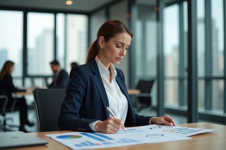 Femme dirigeante analysant des rapports de gestion d'entreprise dans un bureau moderne