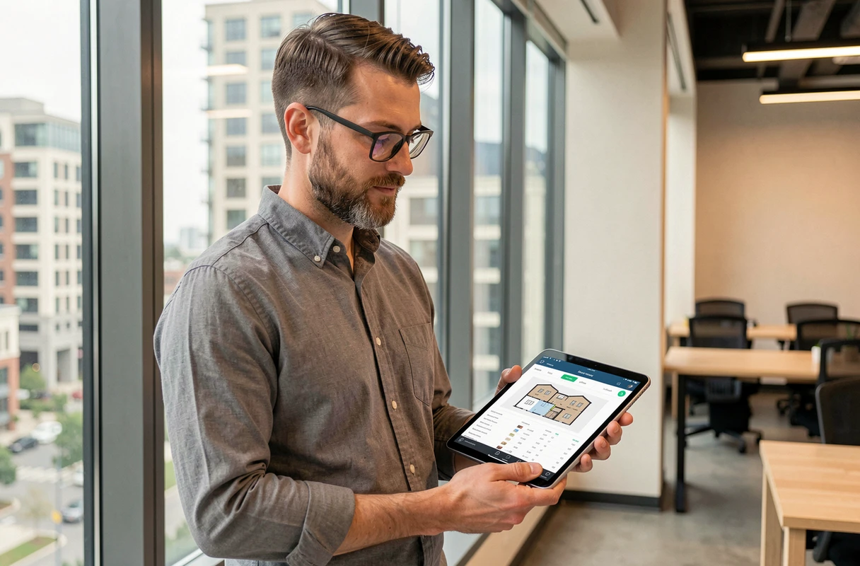 Gestionnaire immobilier consultant une application de gestion sur tablette avec vue urbaine en arrière-plan