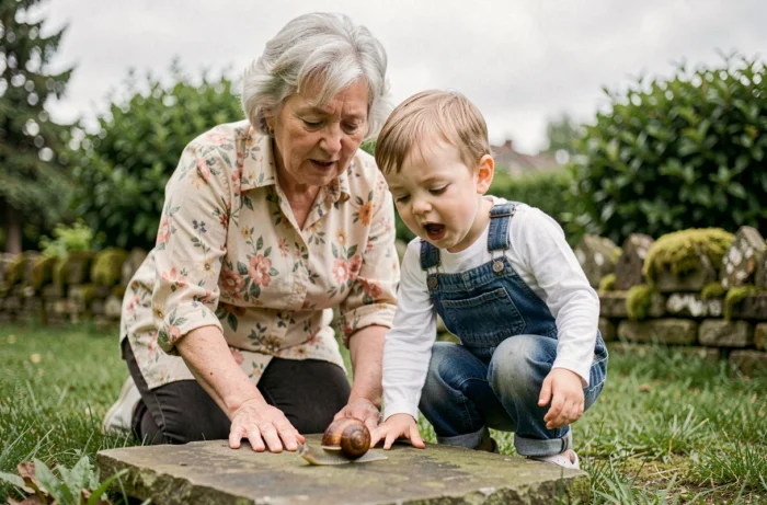 Grand-mère et petit-fils de trois ans observant un escargot dans le jardin, scène d'éveil à la nature et de curiosité enfantine accompagnée par un adulte bienveillant