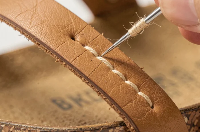 Gros plan sur la couture de réparation d'une bride en cuir de sandale Birkenstock avec fil ciré