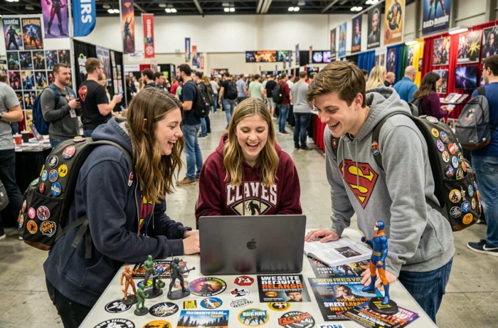 Grupo de apasionados geeks descubriendo el regreso de 123Geekos durante un evento de cultura pop y convención