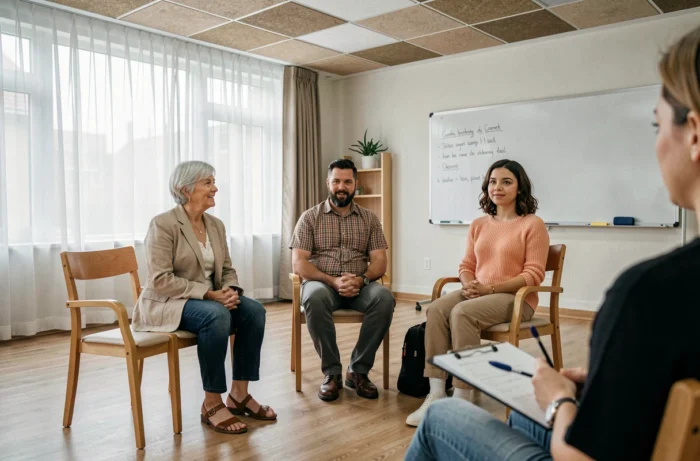 Groepssessie voor logopedische revalidatie en psychologisch welzijn in een gemeenschapsgezondheidscentrum