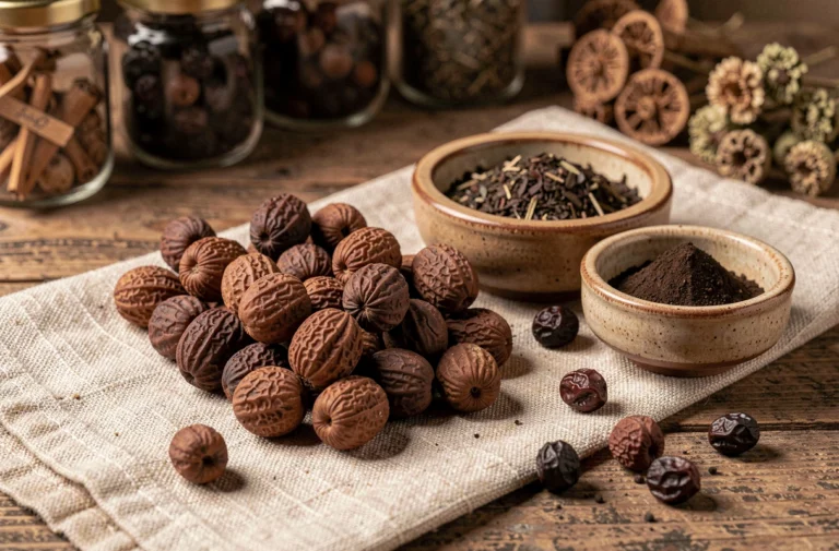 Fruits secs d'haritaki et poudre ayurvédique dans des bols en céramique sur une surface en bois rustique