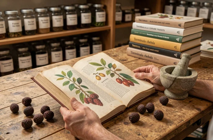 Mains d'un herboriste consultant un livre botanique sur l'haritaki avec mortier et fruits séchés