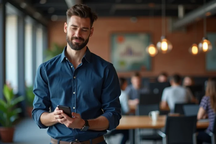 Homme analysant les données de tendances Google Trends sur smartphone dans un espace de coworking