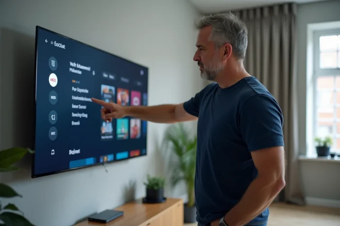 Homme configurant une application de streaming sur une TV Samsung dans un appartement moderne