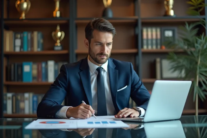 Homme en costume dans un bureau moderne consultant des documents financiers, symbole du patrimoine et des revenus d'un champion de tennis