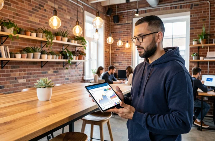 Man in een coworkingruimte met een tablet die een dashboard van webtrends en nieuwe technologieën toont