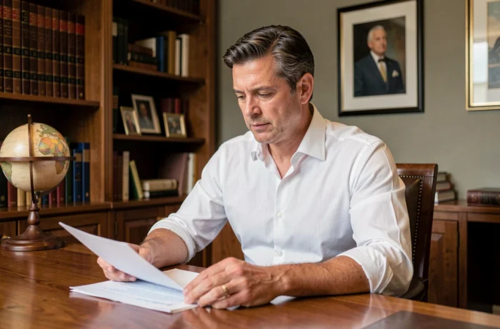 Homme distingué dans la quarantaine travaillant dans un bureau privé raffiné, symbolisant la discrétion et la curiosité publique autour du mari de Samantha de Bendern