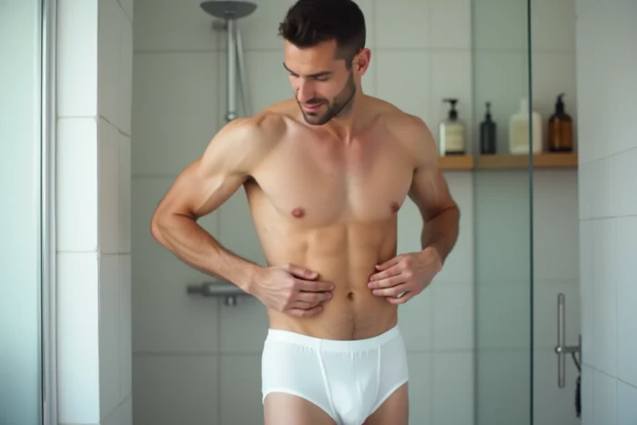Homme en sous-vêtement blanc dans une salle de bain moderne examinant la zone du maillot avant une épilation