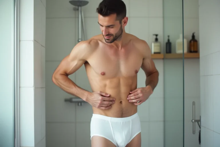 Homme en sous-vêtement blanc dans une salle de bain moderne examinant la zone du maillot avant une épilation
