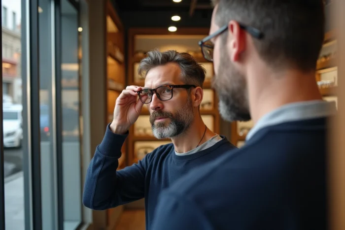 Homme essayant des lunettes rectangulaires en écaille dans une boutique d'opticien moderne