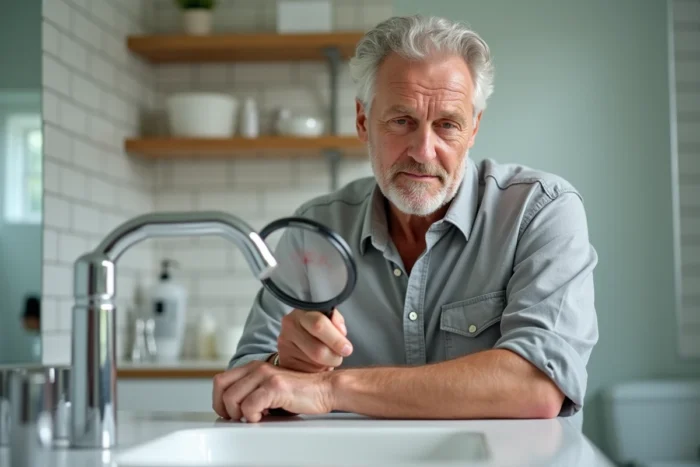 Homme inspectant une irritation cutanée sur son poignet à l'aide d'une loupe dans une salle de bain
