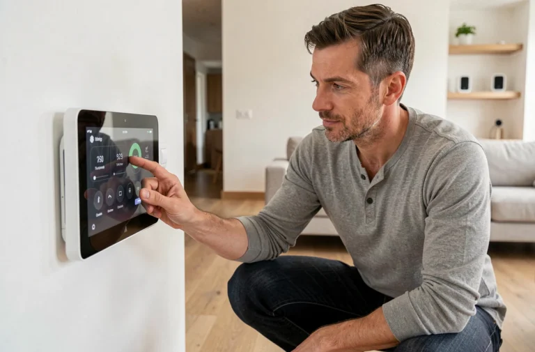 Homme installant un panneau de contrôle domotique tactile dans un salon moderne connecté