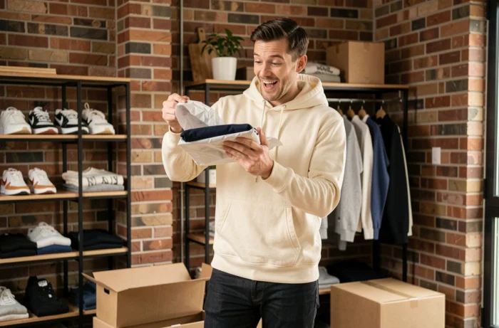 Jonge man in een crèmekleurige hoodie die een levering van online bestelde kleding ontdekt in een modern stedelijk appartement met zichtbare bakstenen muren