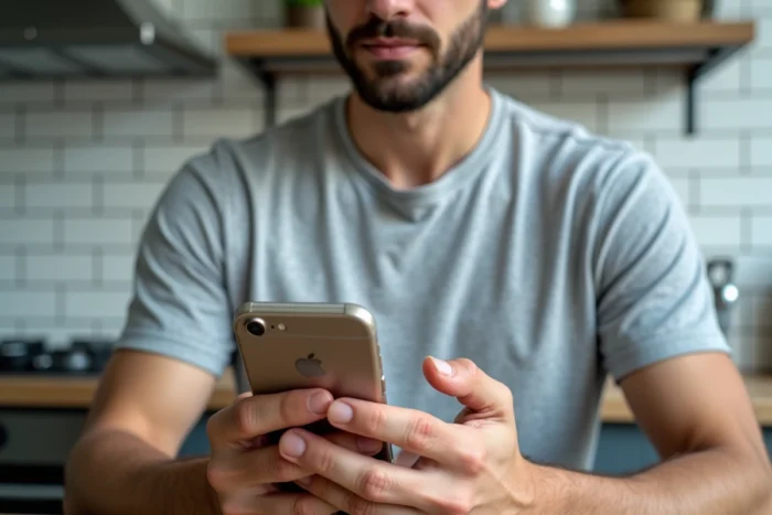 Homme consultant les mots de passe enregistrés dans les paramètres de son navigateur mobile en cuisine