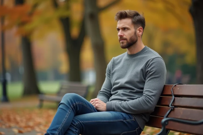 Homme assis dans un parc en automne illustrant la perception de la taille et de la silhouette masculine au quotidien