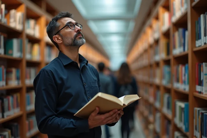Homme pensif cherchant des réponses à ses questions dans une bibliothèque publique moderne entourée de livres