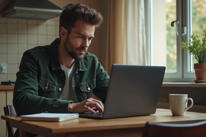 Homme à la maison consultant le site Pôle Emploi sur son ordinateur portable pour gérer sa recherche d'emploi