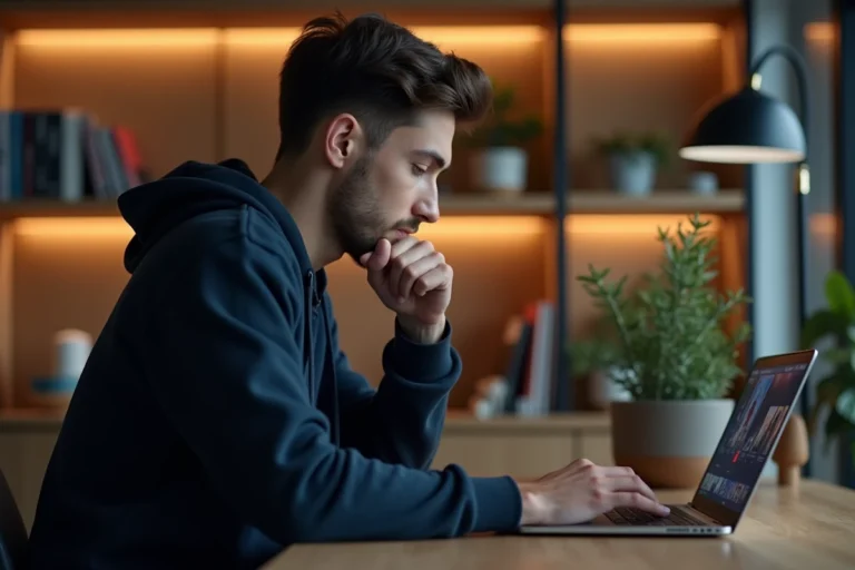 Jeune homme accédant à un site de streaming de films en 2026 depuis son bureau à domicile
