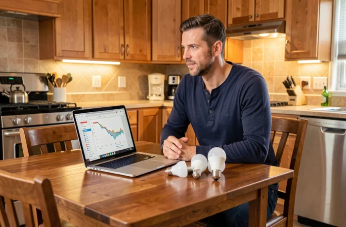 Homme consultant un tableau de correspondance lumen watt sur ordinateur pour choisir ses ampoules LED