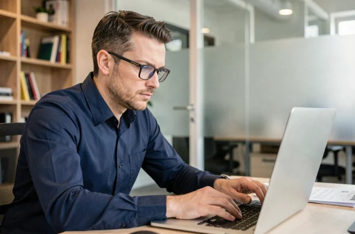 Homme vérifiant un profil bloqué sur Facebook depuis son ordinateur portable au bureau