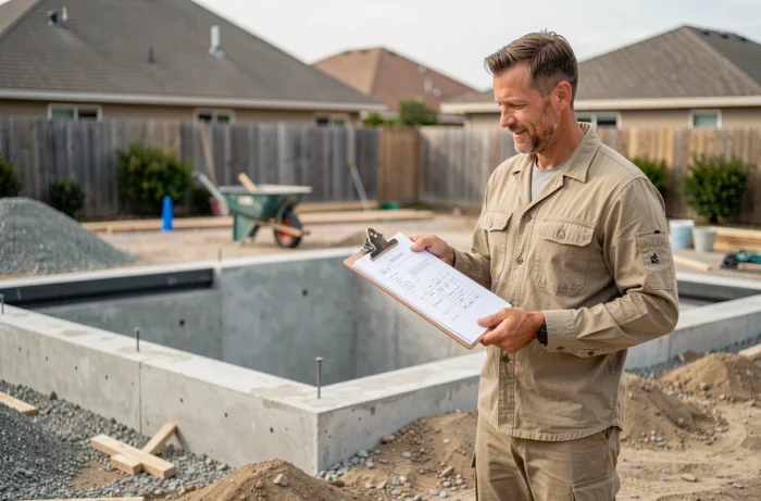 Installateur professionnel présentant les plans dimensionnels d'une piscine familiale en cours de construction dans un jardin résidentiel