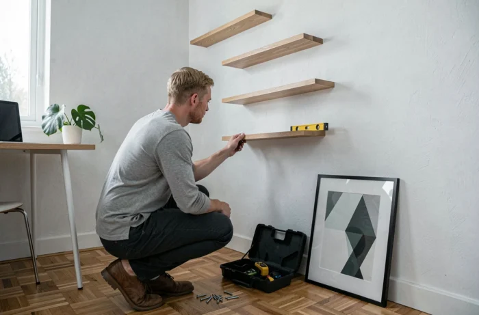 Homme installant des étagères flottantes en bois dans un bureau à domicile minimaliste en cours de rénovation