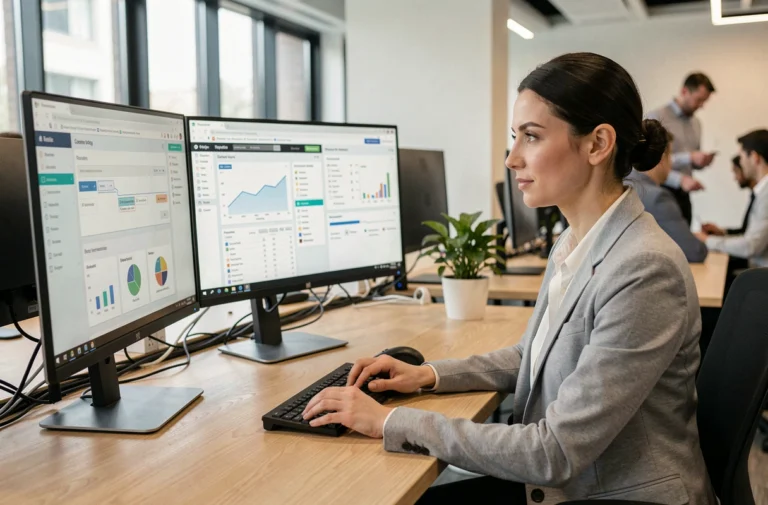 Femme professionnelle intégrant Grovop à ses outils numériques dans un bureau moderne avec plusieurs écrans